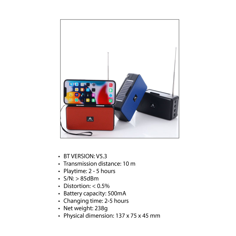 Radio Solar para emergencia, BT con Linterna, Soporte Móvil y Antena FM